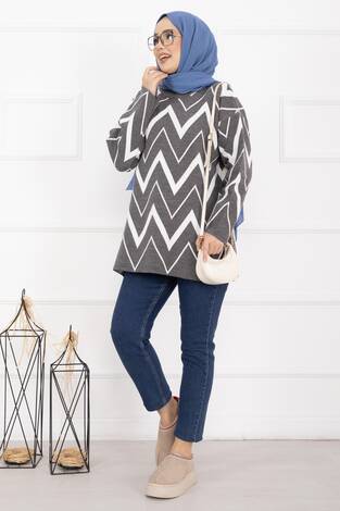 Lavin Zikzak Desen Triko Kazak Gri - Thumbnail