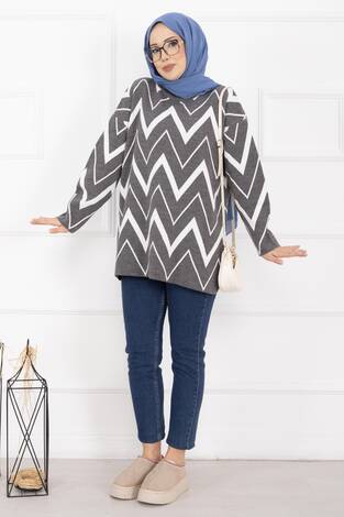 Lavin Zikzak Desen Triko Kazak Gri - Thumbnail