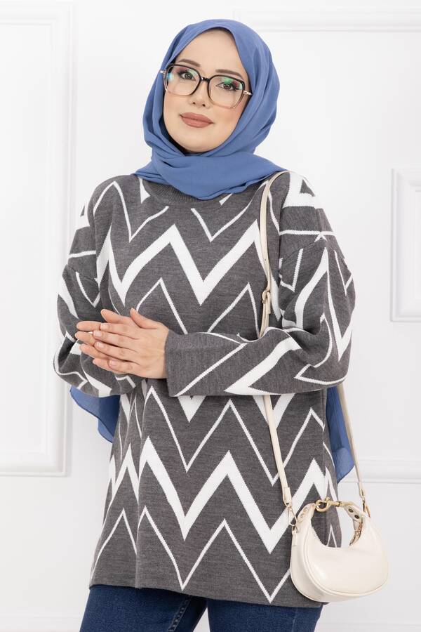 RAF - Lavin Zikzak Desen Triko Kazak Gri (1)