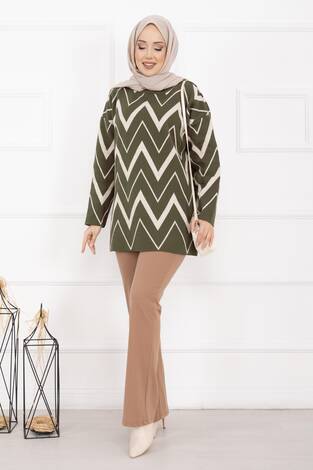 Lavin Zikzak Desen Triko Kazak Haki - Thumbnail