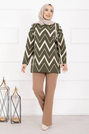 Lavin Zikzak Desen Triko Kazak Haki - Thumbnail