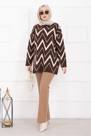Lavin Zikzak Desen Triko Kazak Kahve - Thumbnail