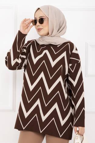 Lavin Zikzak Desen Triko Kazak Kahve - Thumbnail