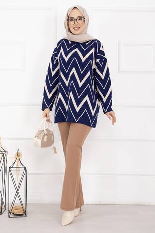 Lavin Zikzak Desen Triko Kazak Lacivert - Thumbnail