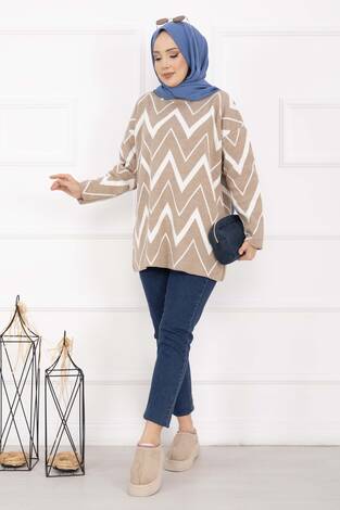 Lavin Zikzak Desen Triko Kazak Vizon - Thumbnail