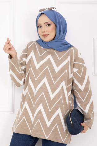 Lavin Zikzak Desen Triko Kazak Vizon - Thumbnail