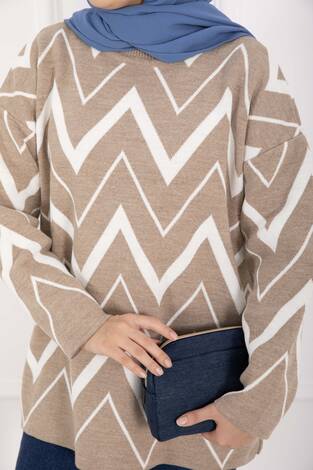 Lavin Zikzak Desen Triko Kazak Vizon - Thumbnail