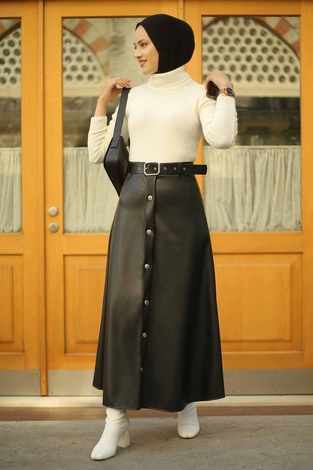 Leather Belted Skirt 180SB4524 Black - Thumbnail