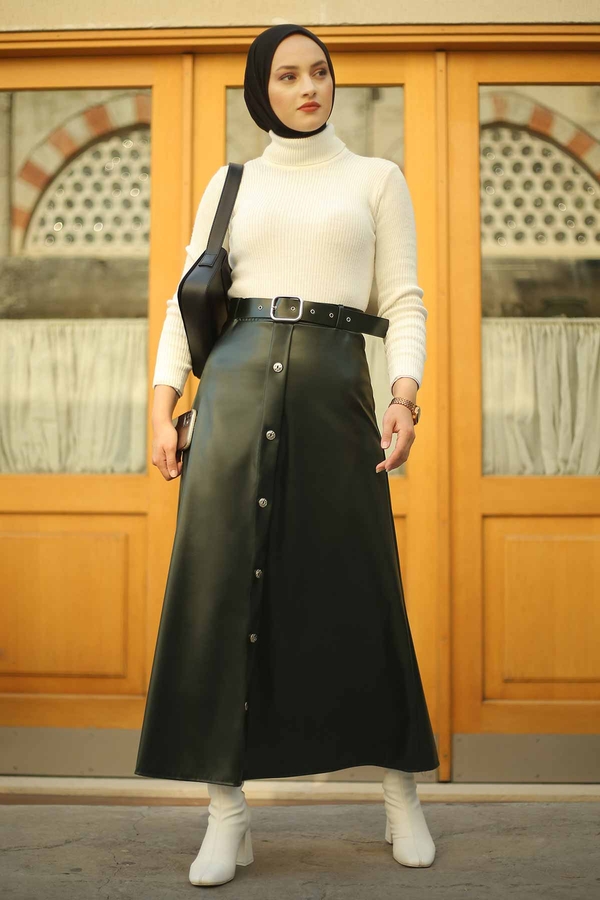 Leather Belted Skirt 180SB4524 Dark Khaki 