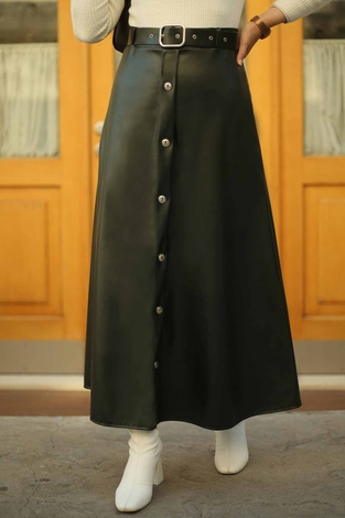 Leather Belted Skirt 180SB4524 Dark Khaki - Thumbnail