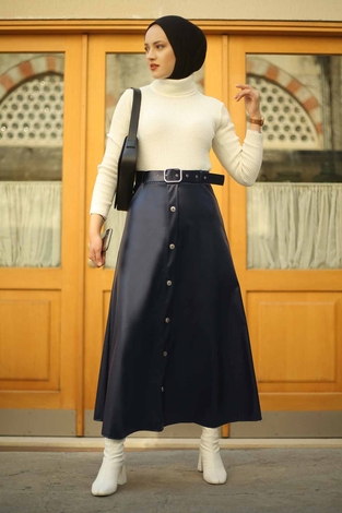 Leather Belted Skirt 180SB4524 Navy Blue - Thumbnail