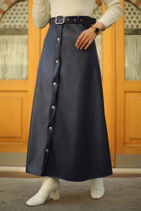 Leather Belted Skirt 180SB4524 Navy Blue 