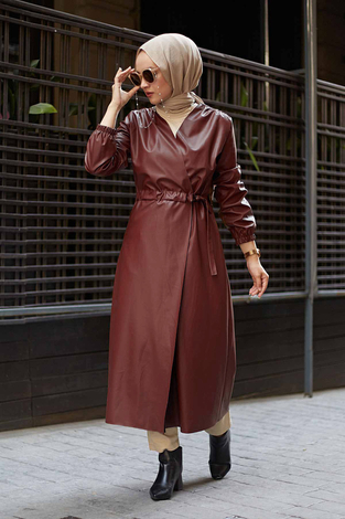 Leather Trench coat 10101-3 Burgundy - Thumbnail