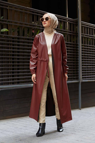 Leather Trench coat 10101-3 Burgundy - Thumbnail