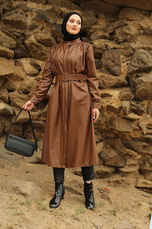 Leather Trench coat 10085-2 Tan - Thumbnail