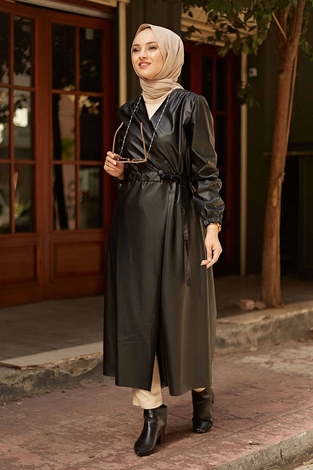 Leather Trench coat 10101-1 Black - Thumbnail