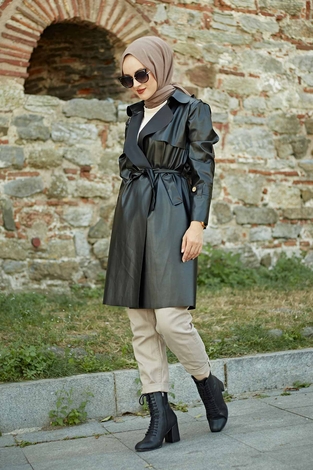 Leather Trenchcoat 7721-1 Black - Thumbnail