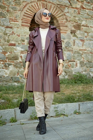 Leather Trenchcoat 7721-2 Burgundy - Thumbnail