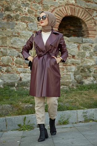 Leather Trenchcoat 7721-2 Burgundy - Thumbnail