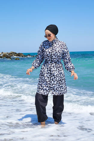 Leopar Beli Büzgülü Tesettür Mayo Siyah - Thumbnail