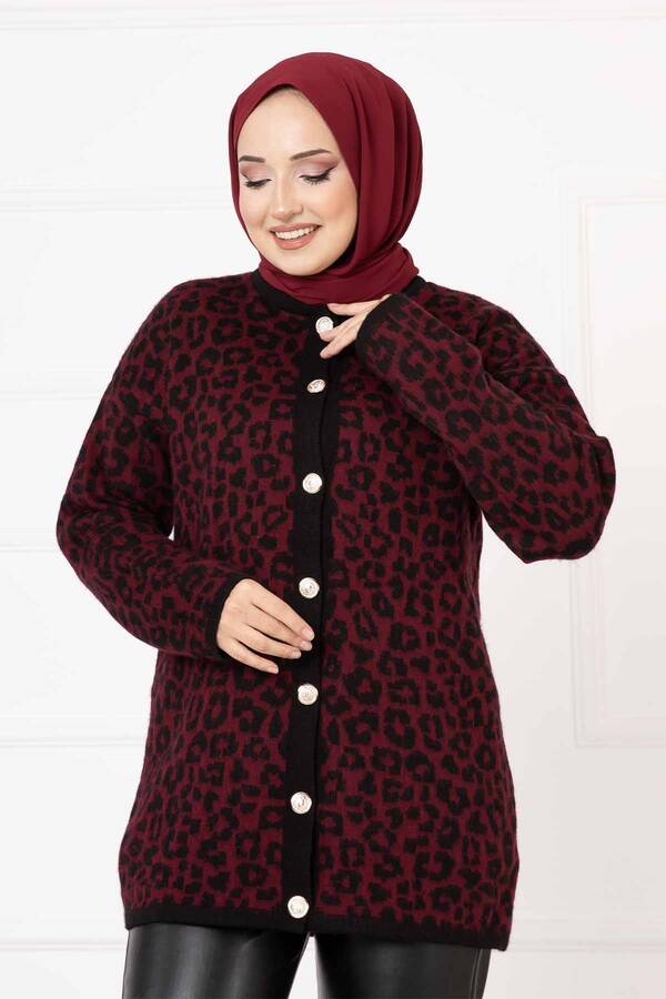Nvb - Leopar Desen Düğmeli Hırka Bordo (1)