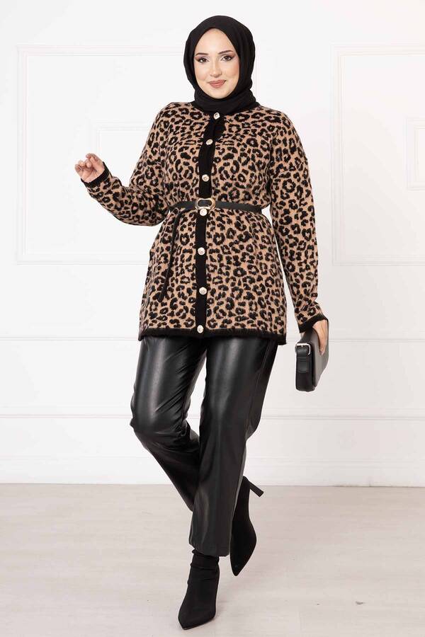 Nvb - Leopar Desen Düğmeli Hırka Camel