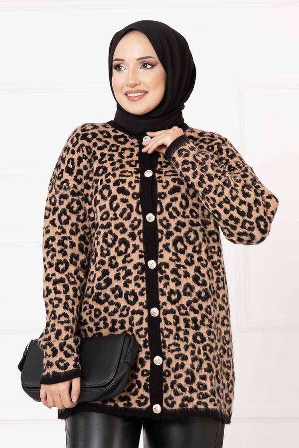 Nvb - Leopar Desen Düğmeli Hırka Camel (1)