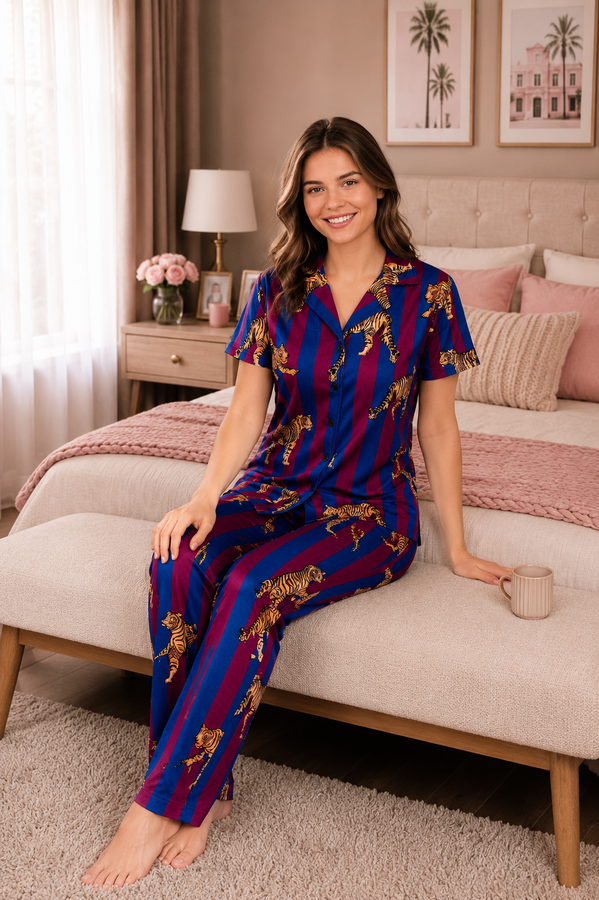 TK - Leopar Desen Düğmeli Pijama Takımı İndigo (1)
