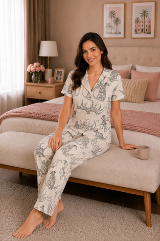 Leopar Desen Düğmeli Pijama Takımı Krem - Thumbnail