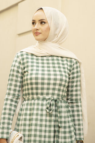 Ekose Desen Tesettür Elbise 260ER40085 Yeşil - Thumbnail