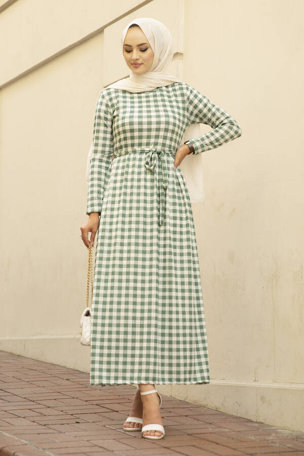 Ekose Desen Tesettür Elbise 260ER40085 Yeşil