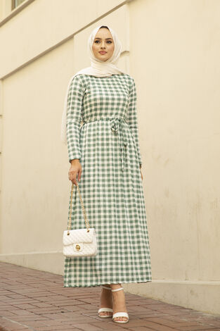 Ekose Desen Tesettür Elbise 260ER40085 Yeşil - Thumbnail