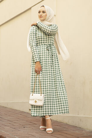 Ekose Desen Tesettür Elbise 260ER40085 Yeşil - Thumbnail