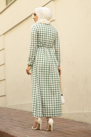 Ekose Desen Tesettür Elbise 260ER40085 Yeşil - Thumbnail