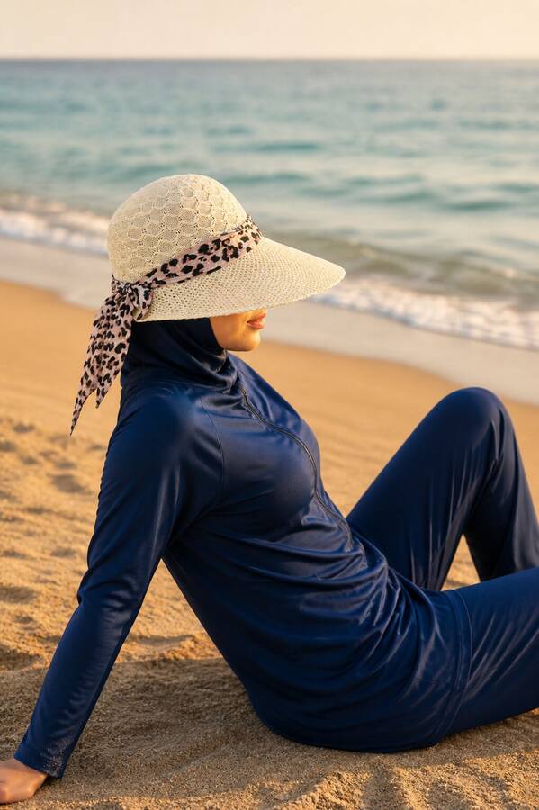Srç - Leopar Desen Fularlı Hasır Plaj Şapkası Krem