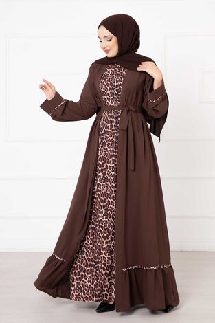 Leopar Desen İkili Abaya Takım Kahve - Thumbnail