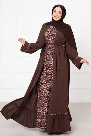 Leopar Desen İkili Abaya Takım Kahve - Thumbnail