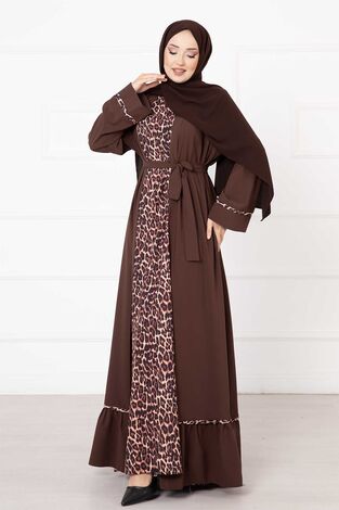 Leopar Desen İkili Abaya Takım Kahve - Thumbnail