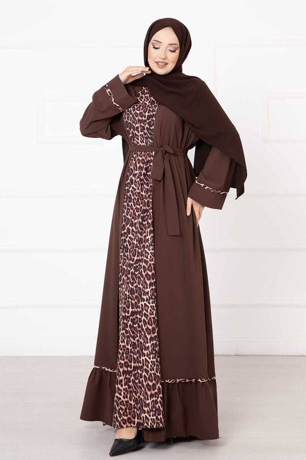 Leopar Desen İkili Abaya Takım Kahve