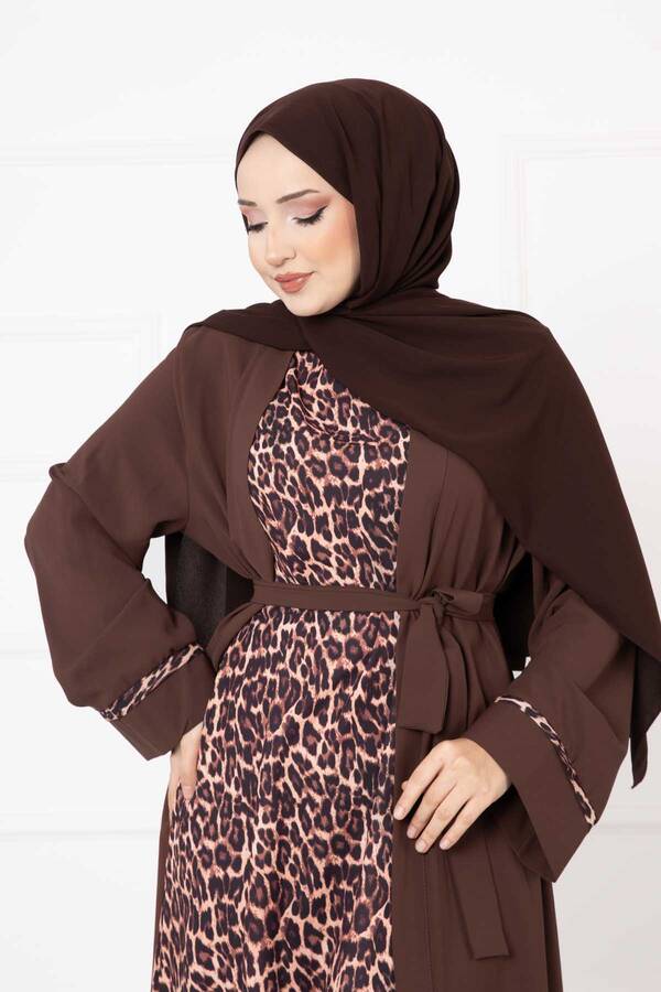 Efs - Leopar Desen İkili Abaya Takım Kahve (1)