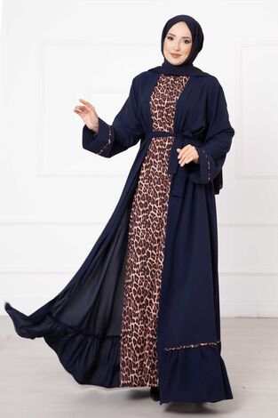 Leopar Desen İkili Abaya Takım Lacivert - Thumbnail