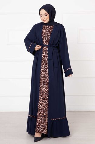 Leopar Desen İkili Abaya Takım Lacivert - Thumbnail