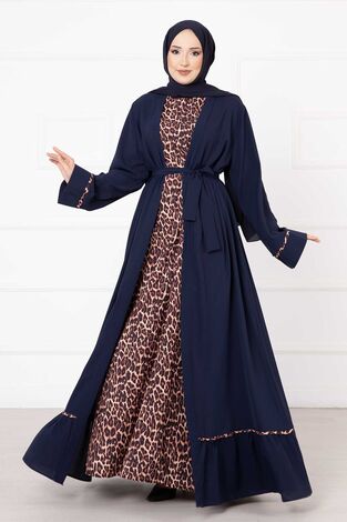 Leopar Desen İkili Abaya Takım Lacivert - Thumbnail