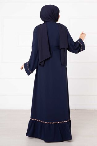 Leopar Desen İkili Abaya Takım Lacivert - Thumbnail