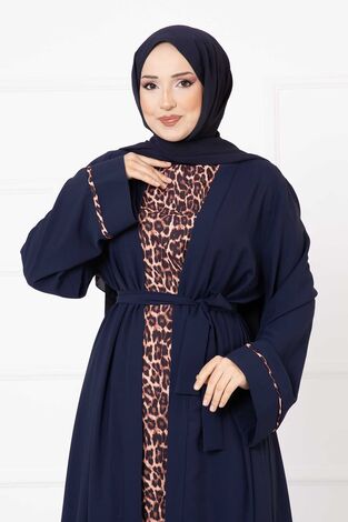 Leopar Desen İkili Abaya Takım Lacivert - Thumbnail