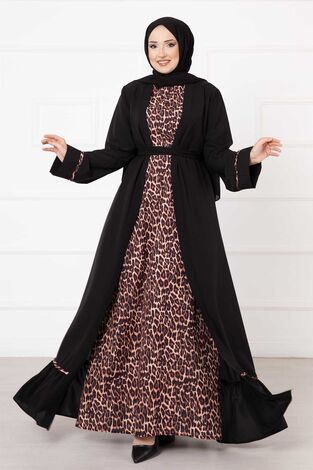 Leopar Desen İkili Abaya Takım Siyah - Thumbnail