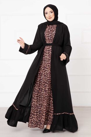 Leopar Desen İkili Abaya Takım Siyah - Thumbnail