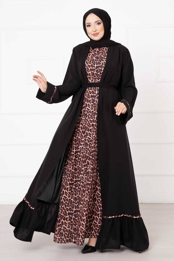 Leopar Desen İkili Abaya Takım Siyah