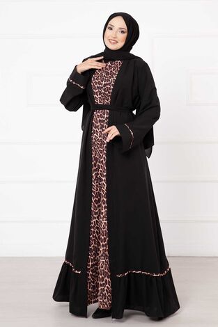 Leopar Desen İkili Abaya Takım Siyah - Thumbnail