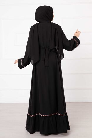 Leopar Desen İkili Abaya Takım Siyah - Thumbnail